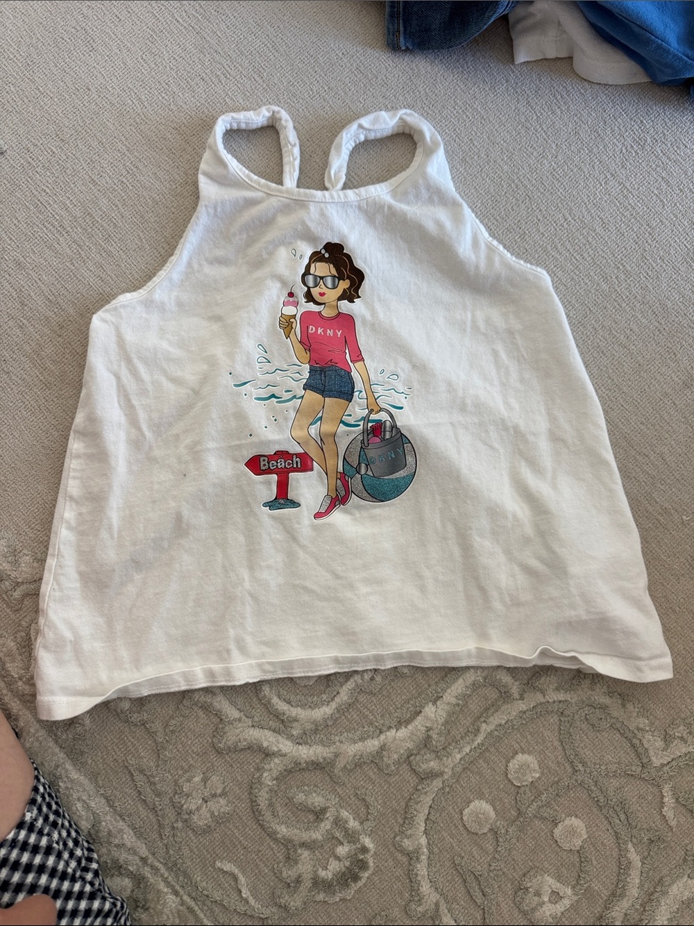 Dkny White Tank Top with Pink Graphic Girl